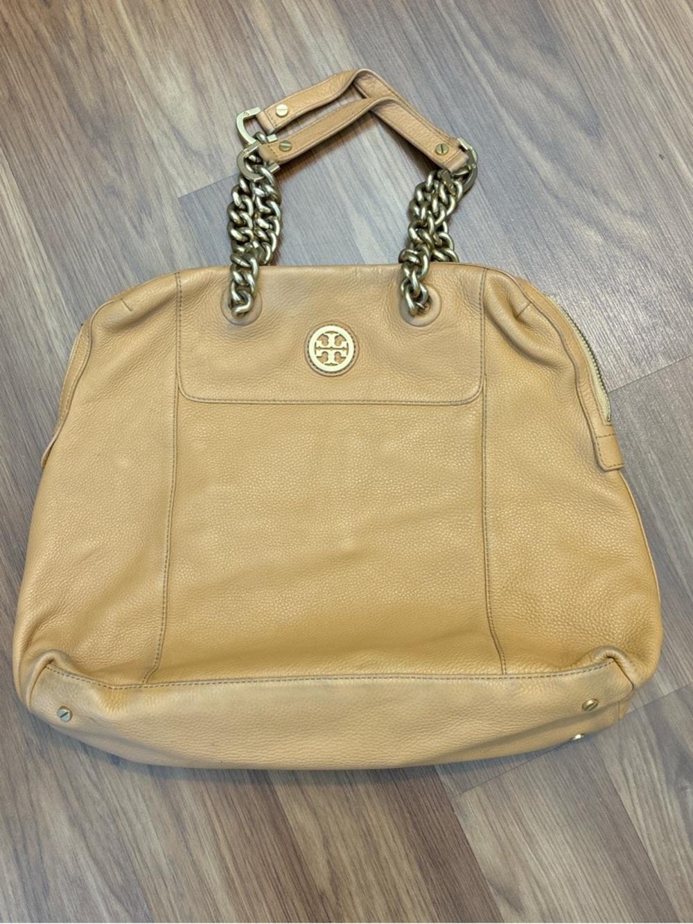 Tory Burch Camel Leather Tote with Gold Chain Handles